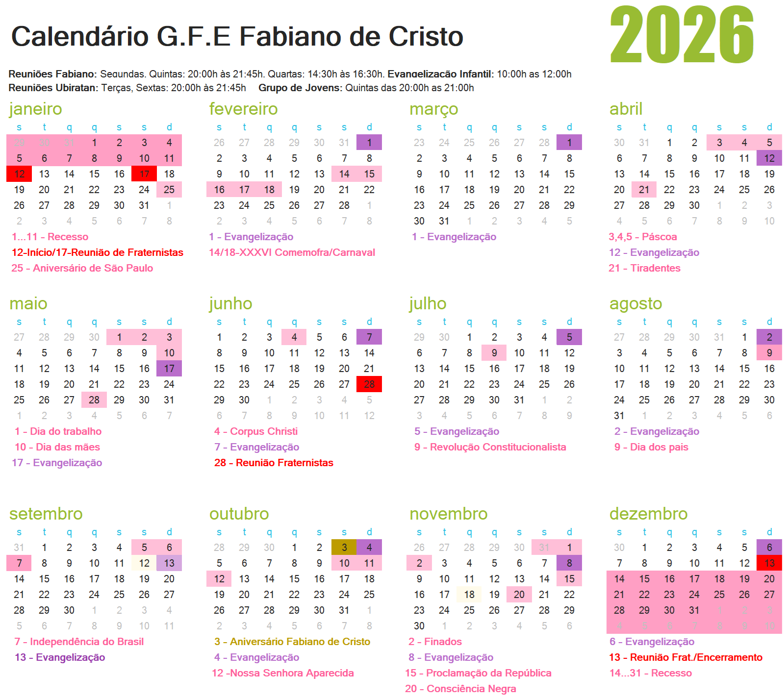 Calendário de Atividades 2026!