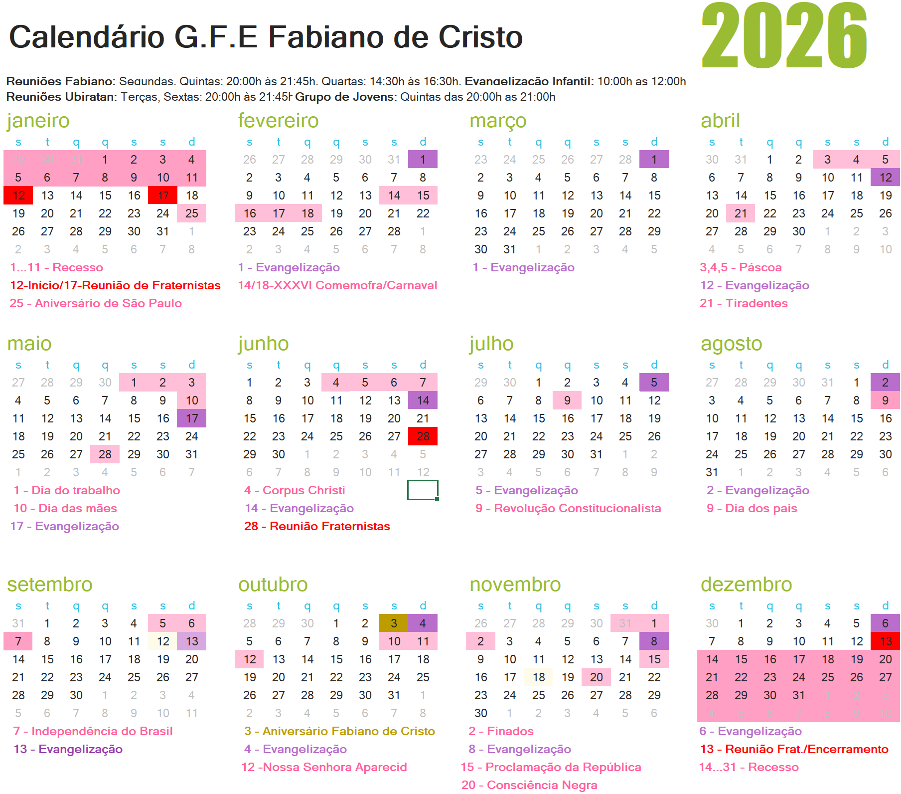 Calendário de Atividades 2026!